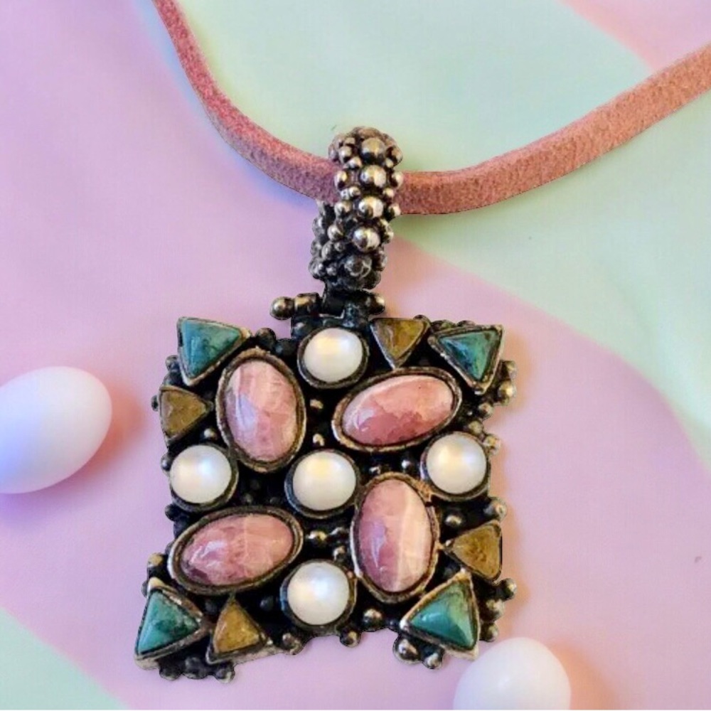 Barse Sterling Silver Rhodochrosite Turquoise Mother of Pearl Pendant Necklace